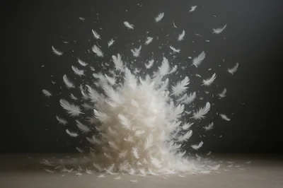 Explosion Of White Feathers On Dark Background