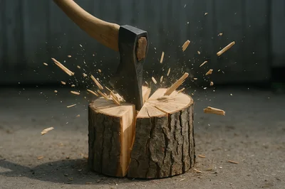 Axe Splitting A Wooden Log