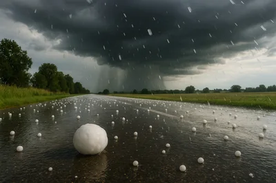 Large Hailstones Covering A Rural Road During Storm