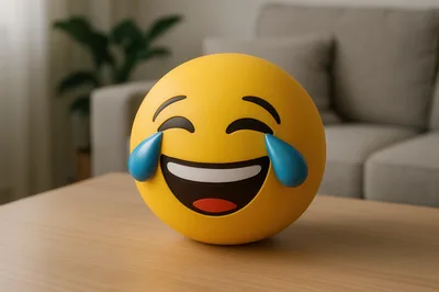 3D Rendering Of A Laughing Emoji On A Table