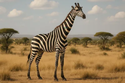 Surreal Hybrid Zebra Giraffe Standing In African Savanna