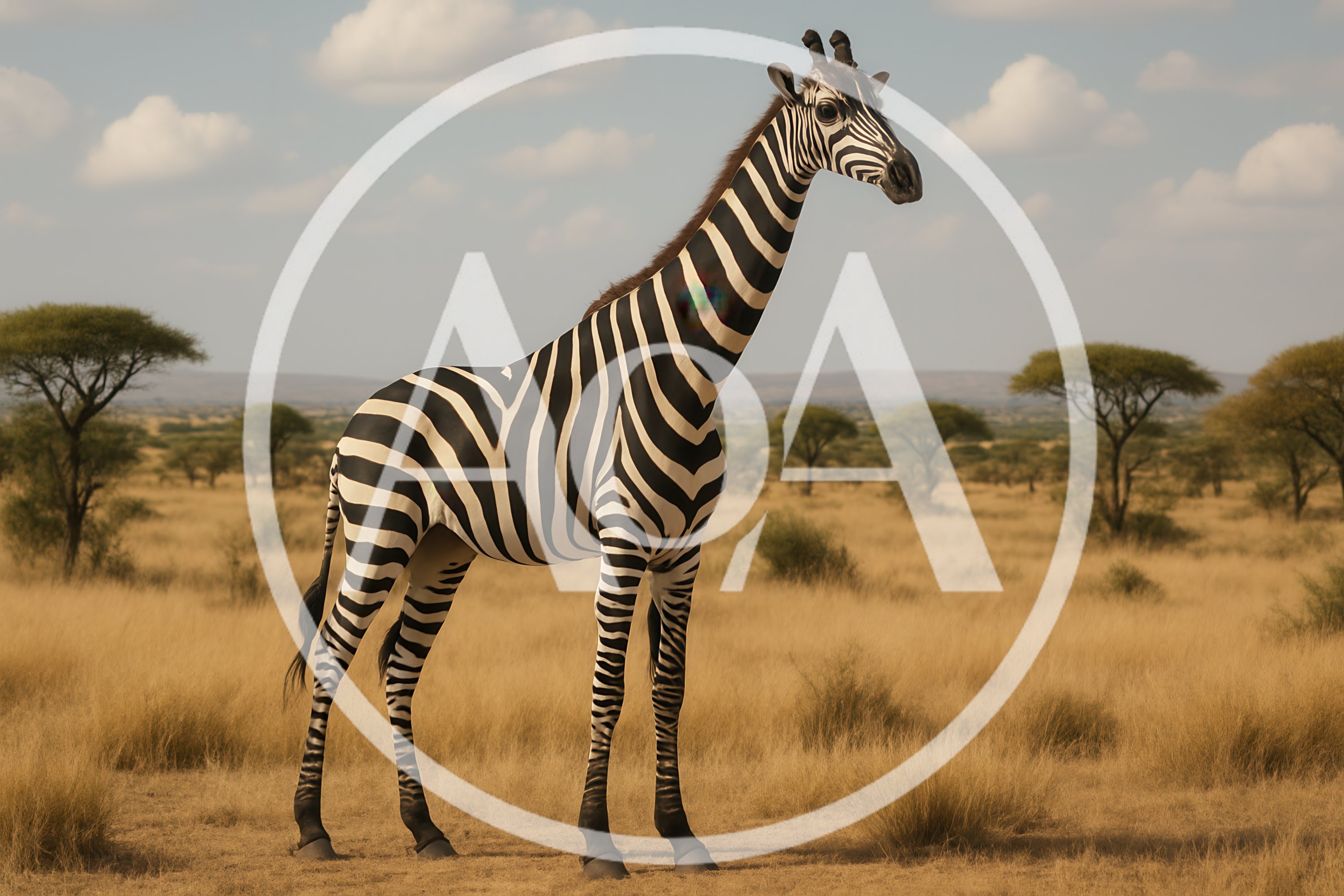 Surreal Hybrid Zebra Giraffe Standing In African Savanna