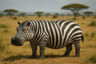 Surreal Zebra Patterned Hippopotamus Standing In African Savanna