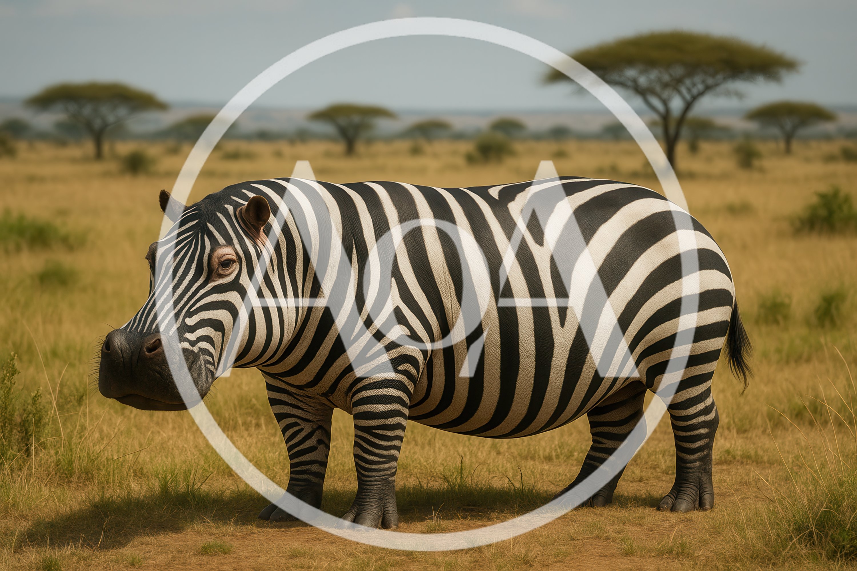 Surreal Zebra Patterned Hippopotamus Standing In African Savanna