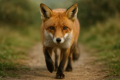 Red Fox Walking Along A Dirt Path