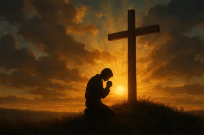 Silhouette Of A Man Kneeling In Prayer Before A Cross