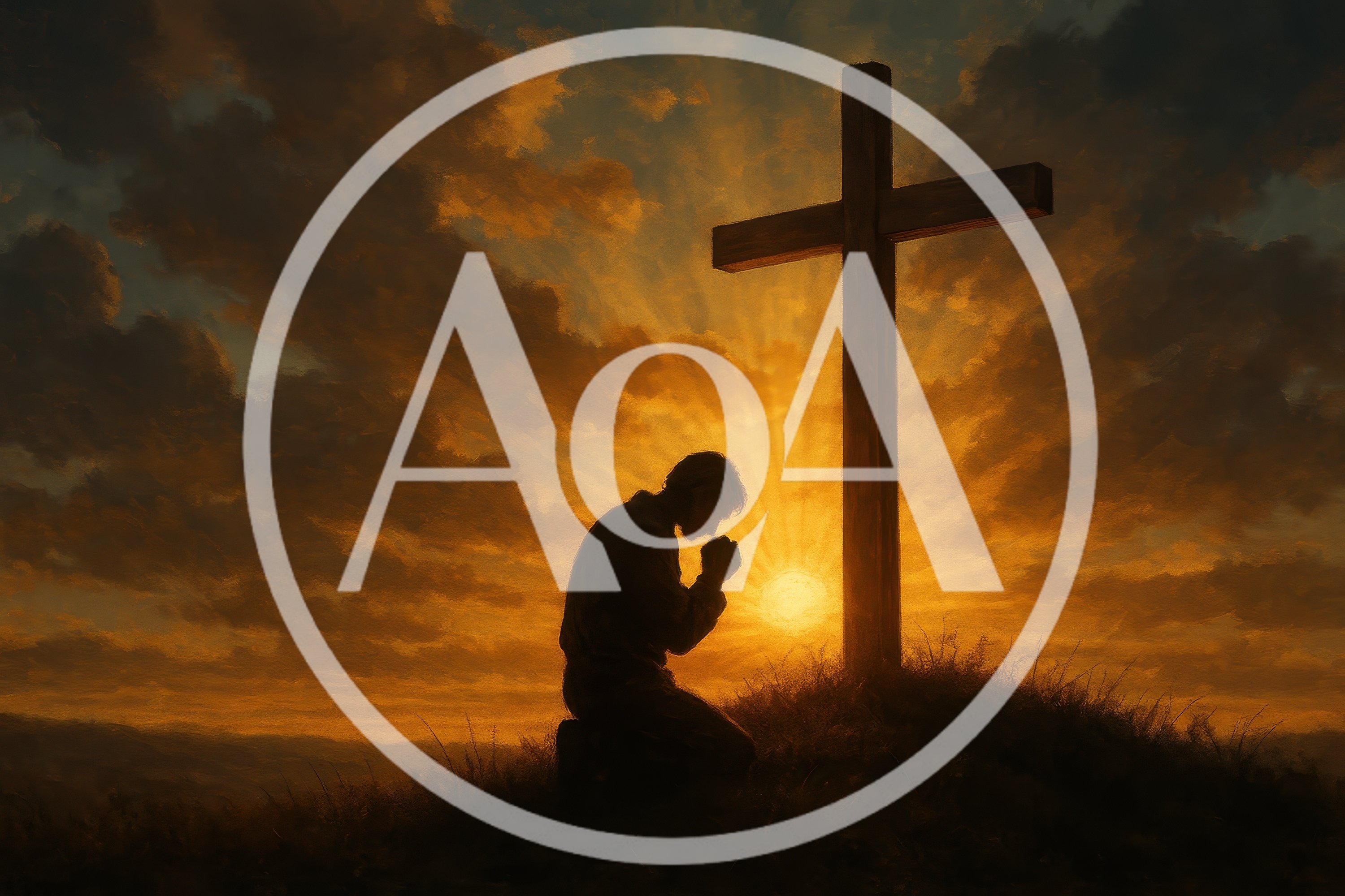 Silhouette Of A Man Kneeling In Prayer Before A Cross
