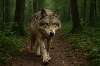 Gray Wolf Walking Along A Forest Path