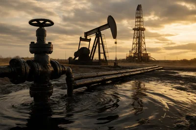 Oil Pumpjack And Drilling Rig At Sunset
