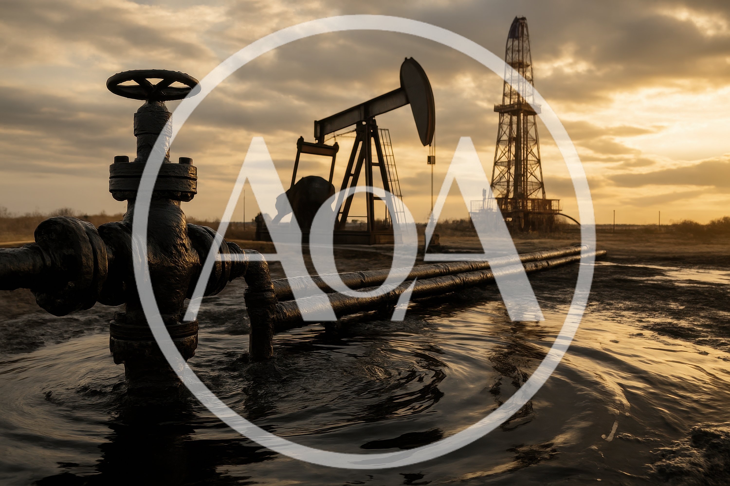 Oil Pumpjack And Drilling Rig At Sunset