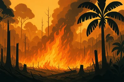 Digital Illustration Of A Tropical Rainforest Wildfire