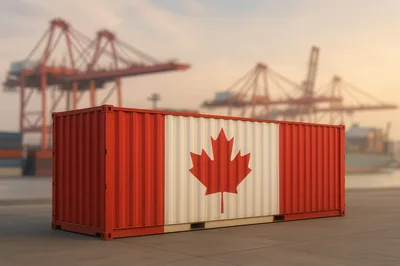 Canadian Flag Shipping Container At A Busy Port