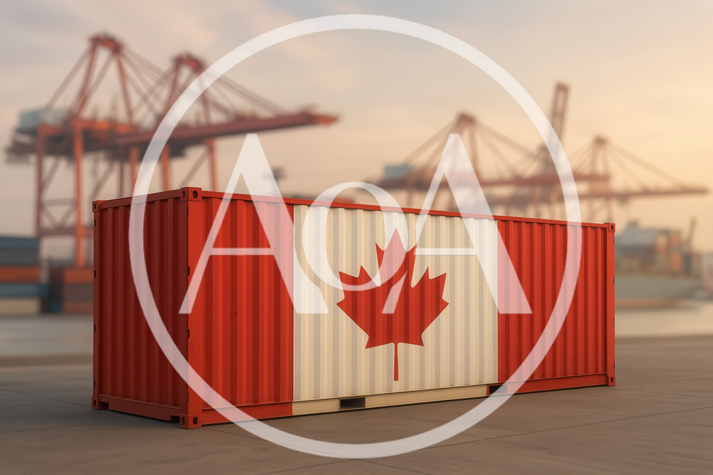 Canadian Flag Shipping Container At A Busy Port