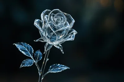Transparent Glass Rose Sculpture Against Dark Background