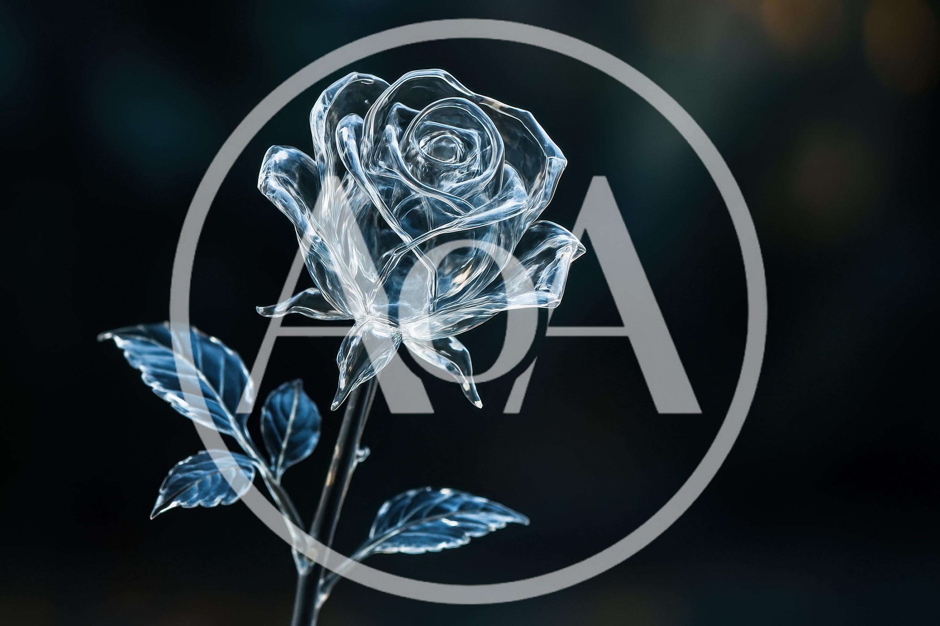 Transparent Glass Rose Sculpture Against Dark Background