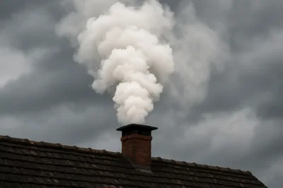 White Smoke Rising From A Brick Chimney