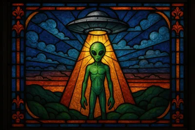 Stained Glass Window Featuring An Alien And UFO