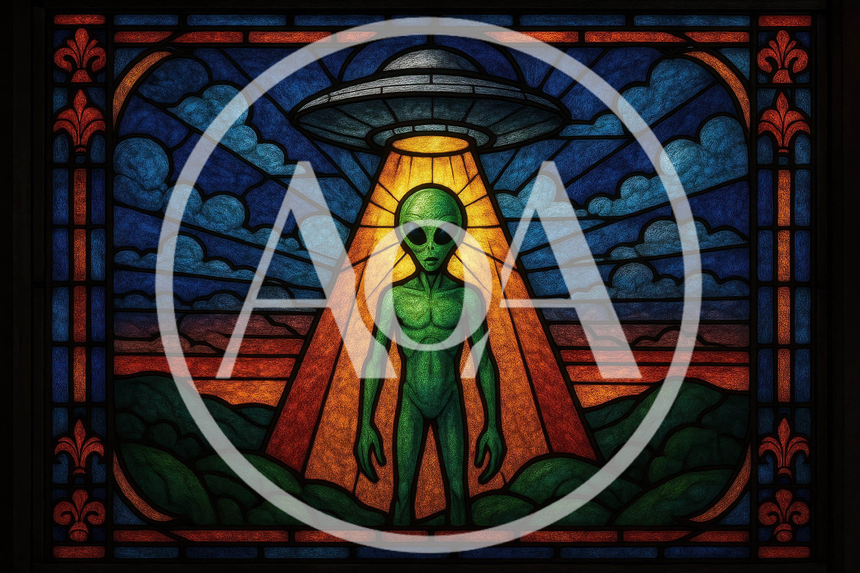 Stained Glass Window Featuring An Alien And UFO