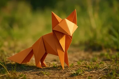 Origami Paper Fox Standing On Natural Ground