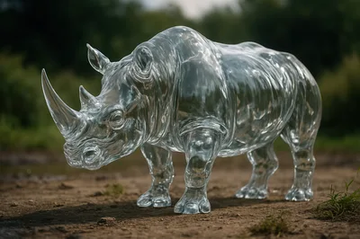 Transparent Glass Rhinoceros Sculpture Standing Outdoors