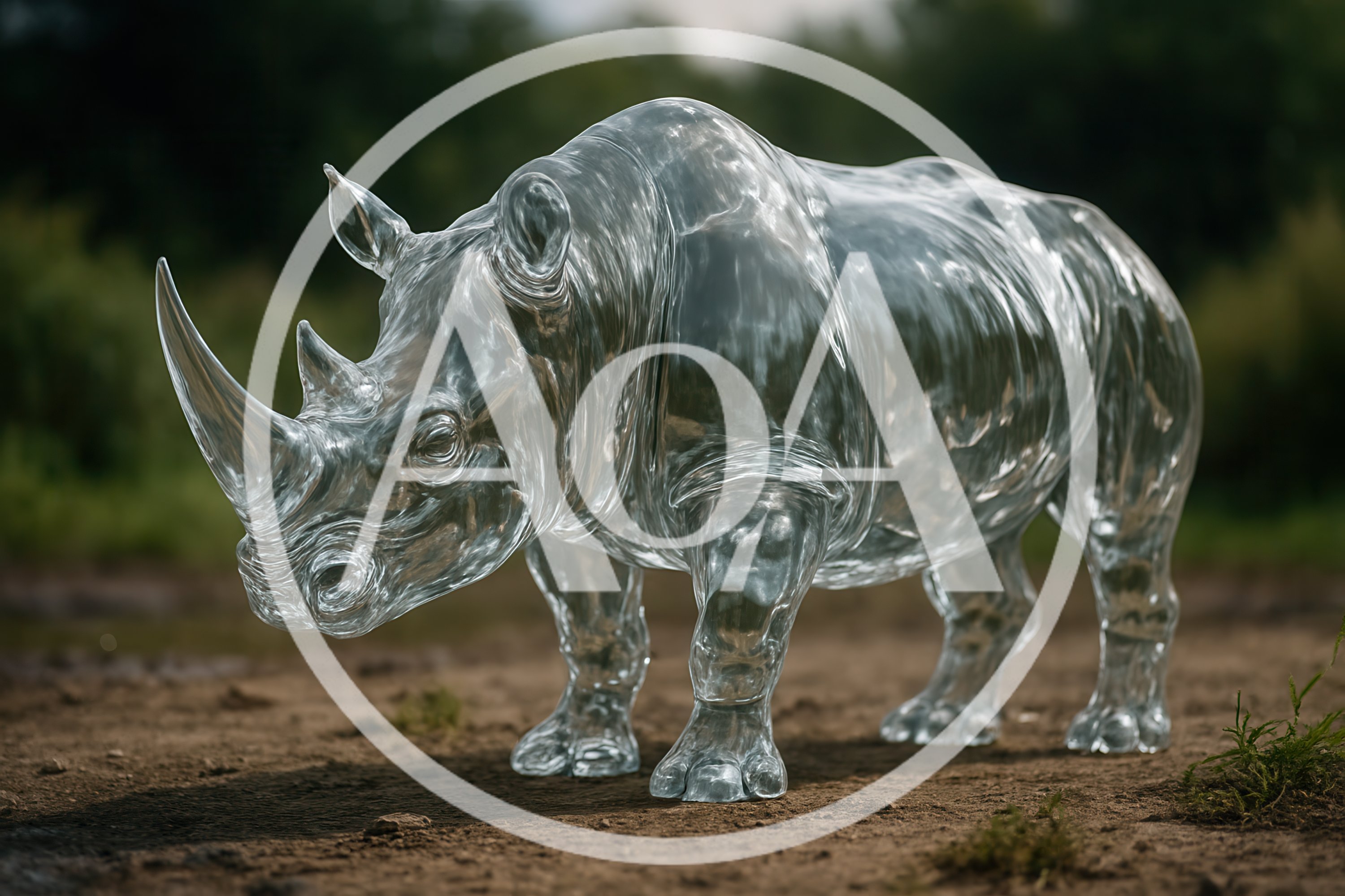 Transparent Glass Rhinoceros Sculpture Standing Outdoors