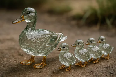 Glass Duck Figurines Walking In A Row
