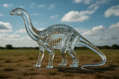 Transparent Glass Dinosaur Sculpture In Open Field