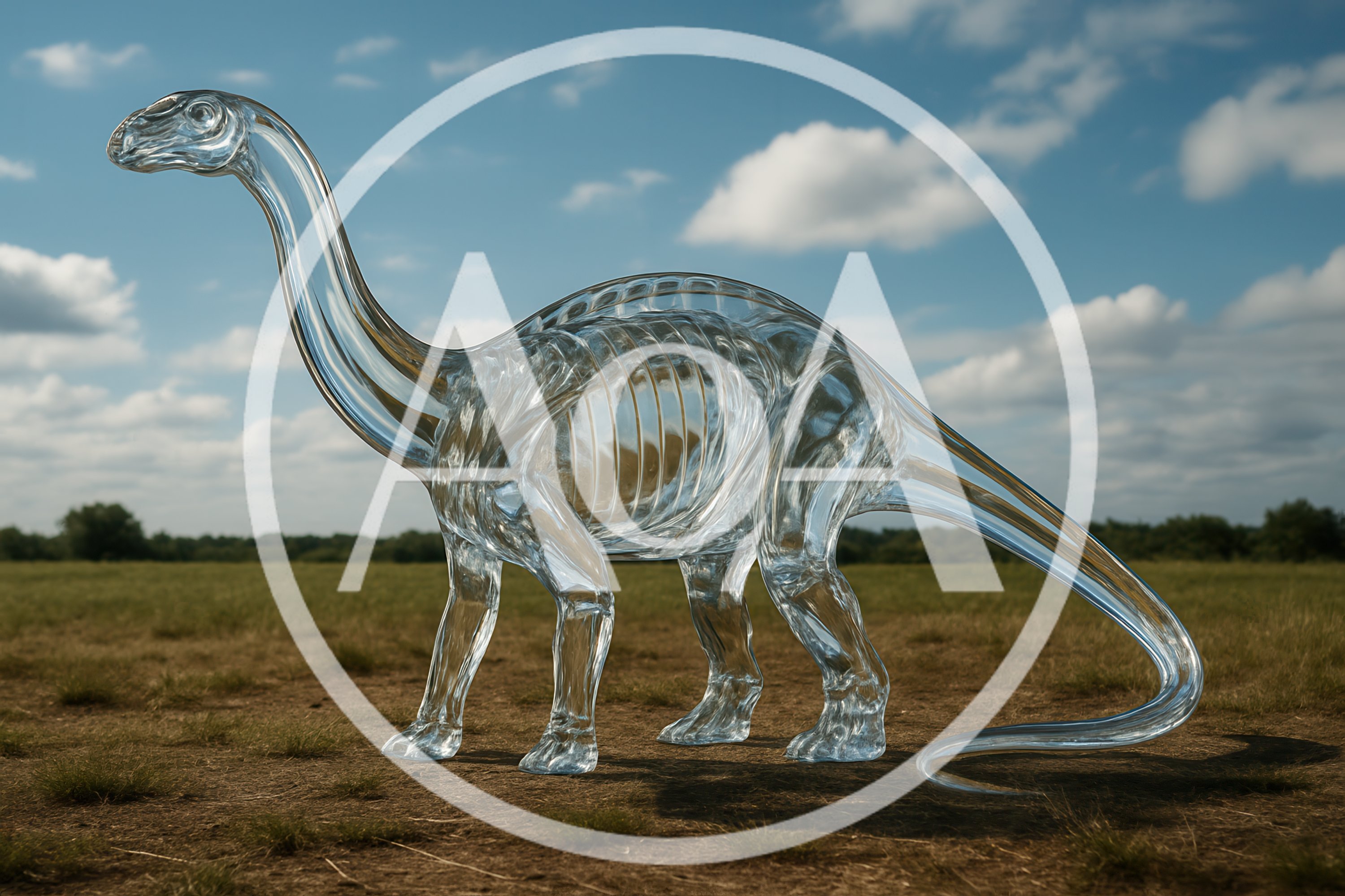 Transparent Glass Dinosaur Sculpture In Open Field
