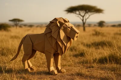 Origami Lion Sculpture Standing In African Savanna