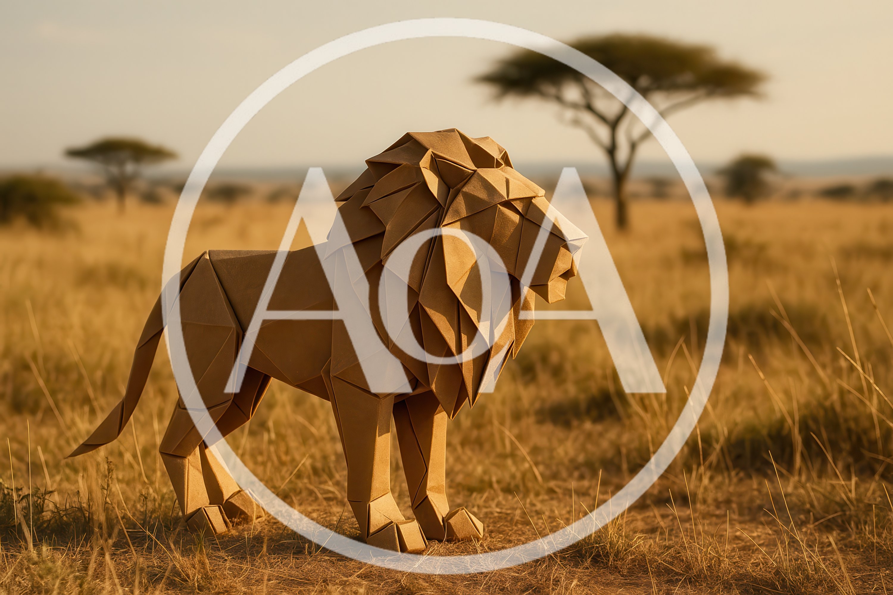 Origami Lion Sculpture Standing In African Savanna