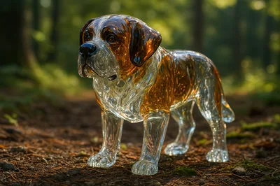 Glass Saint Bernard Sculpture In Forest Setting
