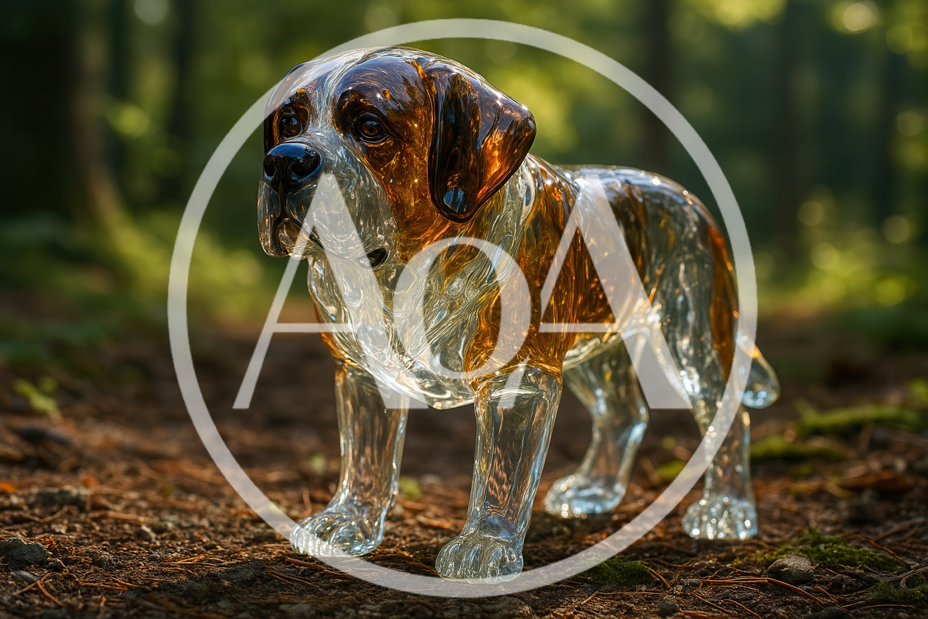 Glass Saint Bernard Sculpture In Forest Setting