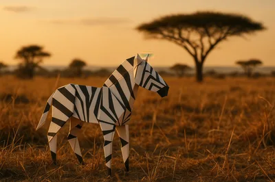 Origami Zebra Standing In African Savanna At Sunset