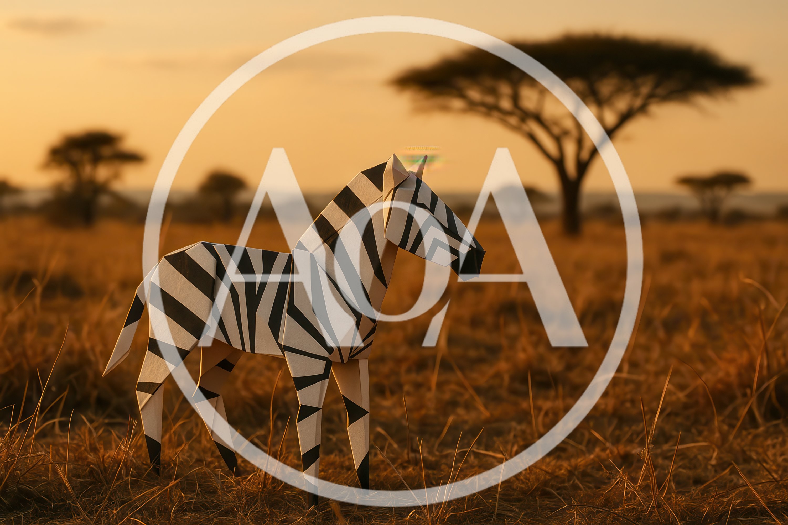 Origami Zebra Standing In African Savanna At Sunset