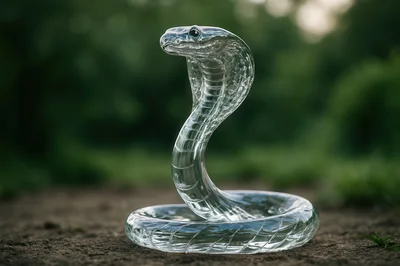 Glass Cobra Sculpture Standing On Dirt Ground