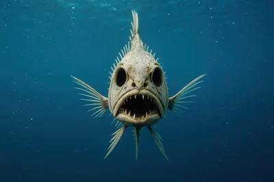 Deep Sea Skeleton Fish Swimming In Dark Ocean