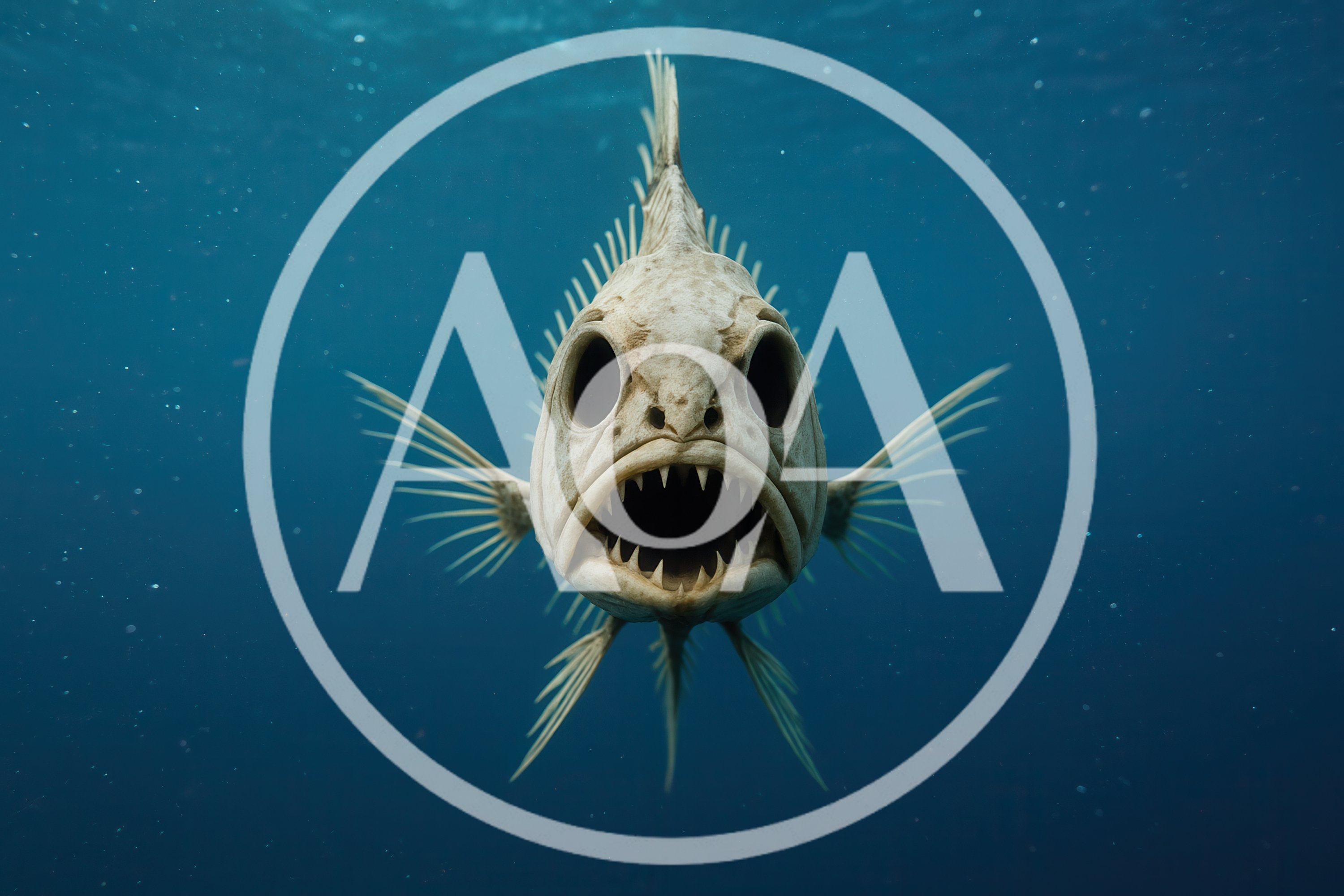 Deep Sea Skeleton Fish Swimming In Dark Ocean