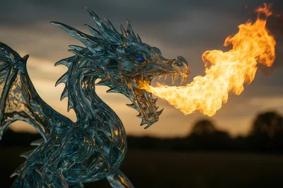 Crystal Dragon Breathing Fire Against Sunset Sky