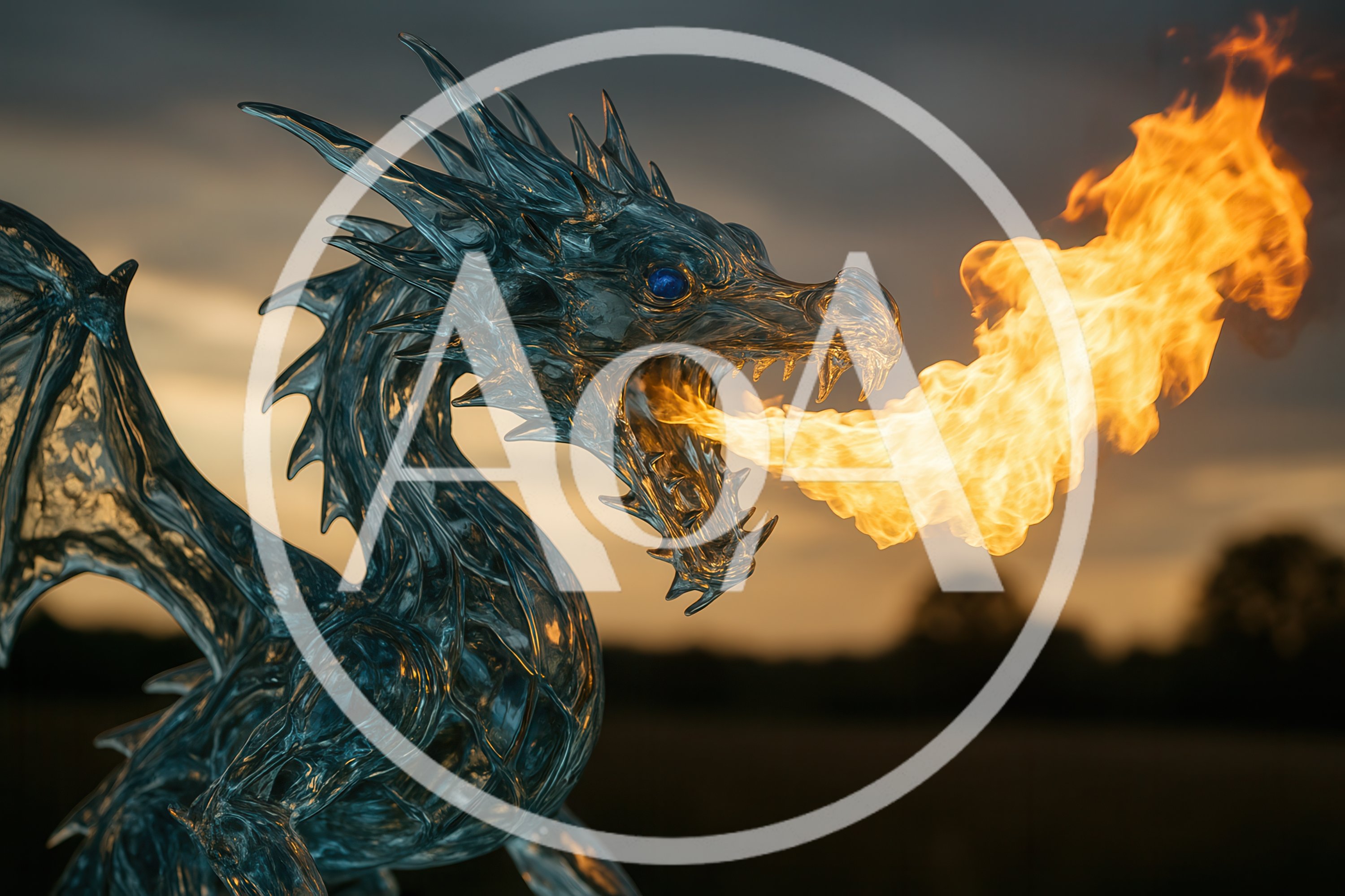 Crystal Dragon Breathing Fire Against Sunset Sky