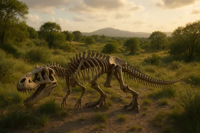 Dinosaur Skeleton Standing In A Grassy Landscape