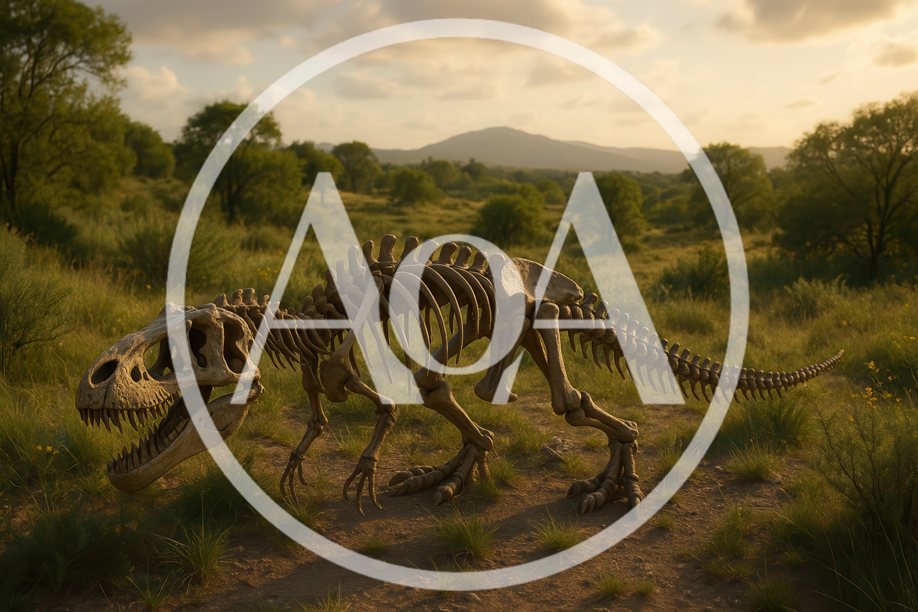 Dinosaur Skeleton Standing In A Grassy Landscape