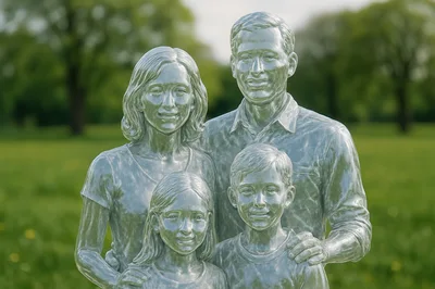 Metallic Sculpture Of A Family In A Park