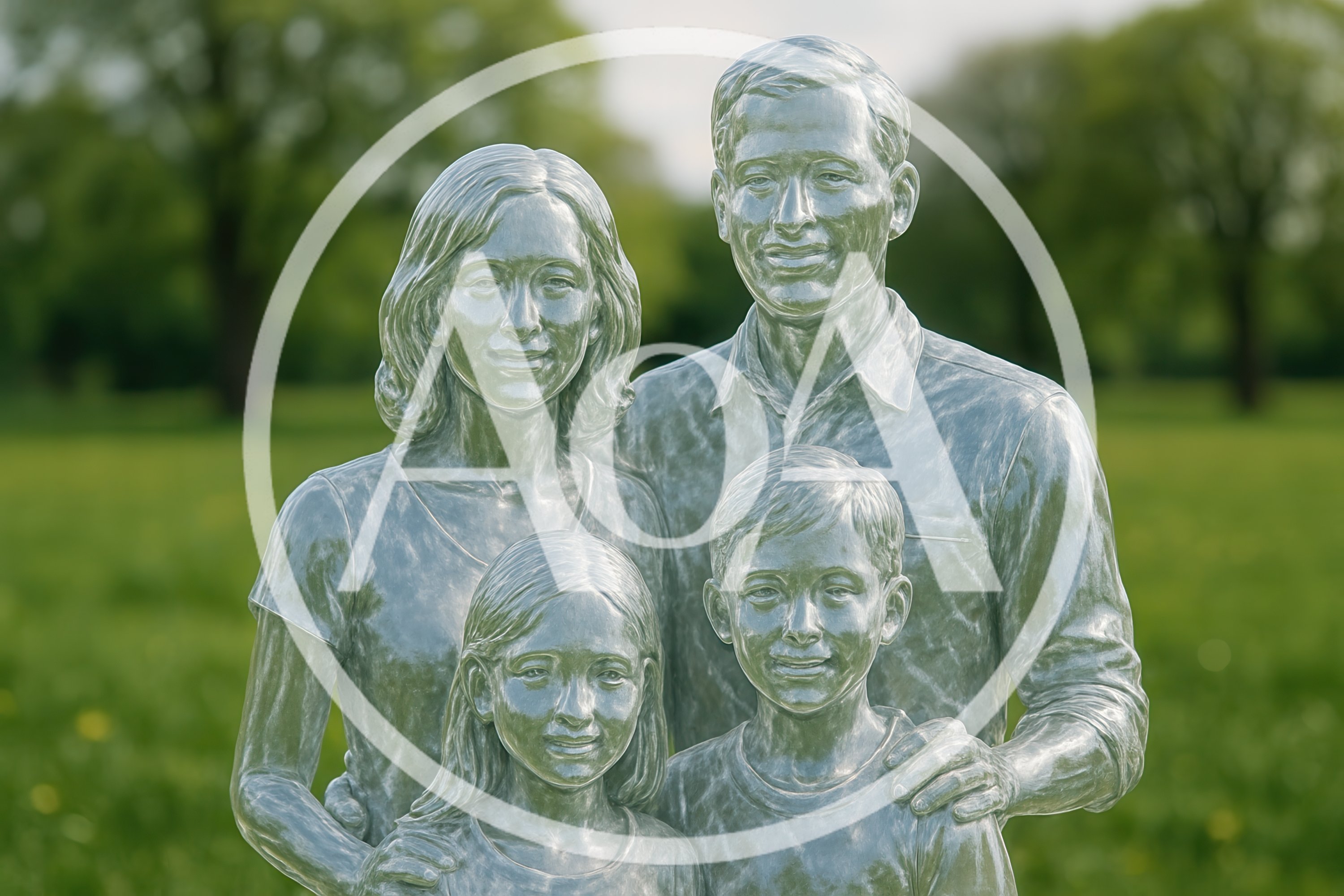 Metallic Sculpture Of A Family In A Park