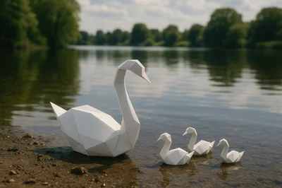 Geometric Paper Origami Swans Floating On A Calm Lake