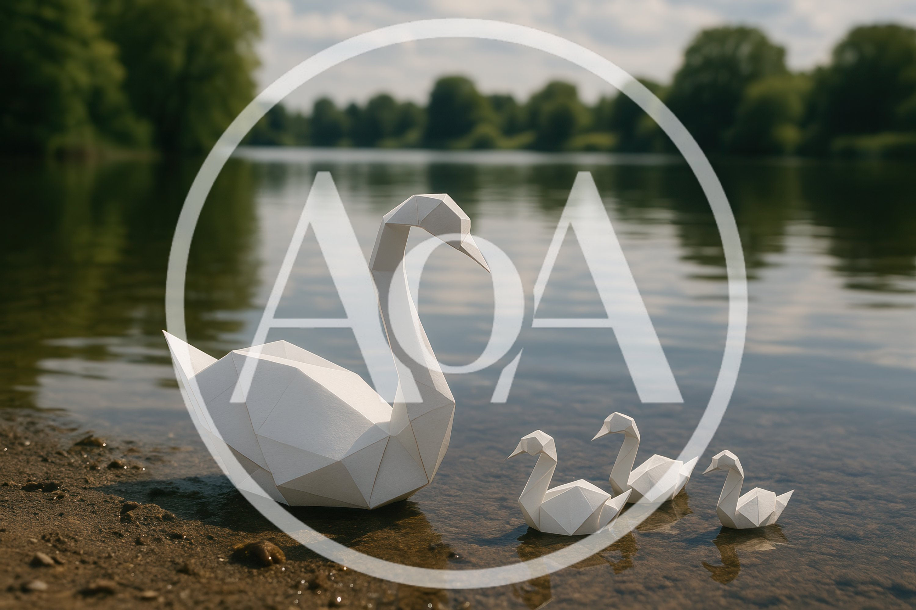 Geometric Paper Origami Swans Floating On A Calm Lake