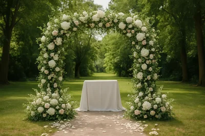 Floral Wedding Arch With Table In Lush Garden