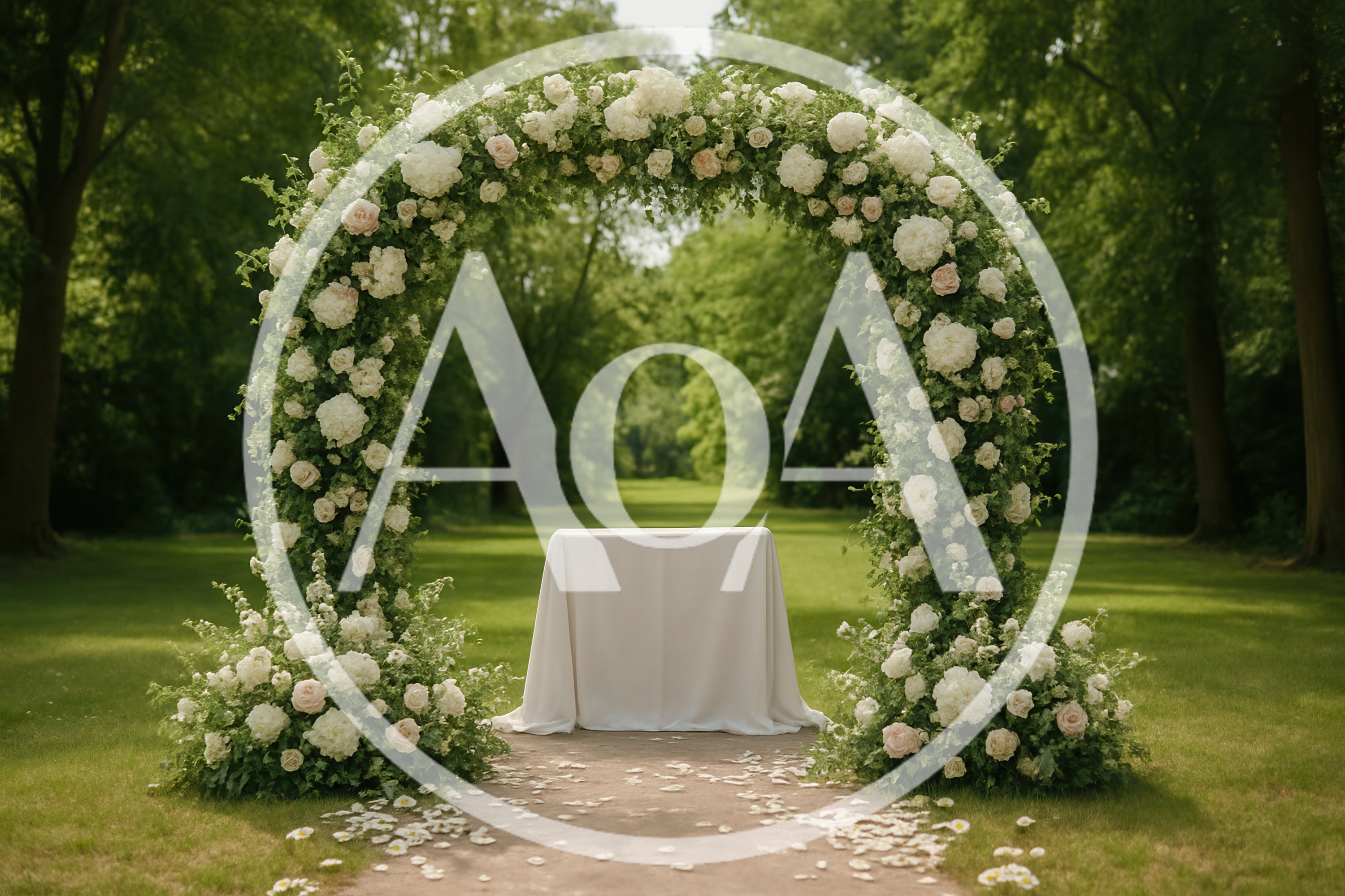 Floral Wedding Arch With Table In Lush Garden