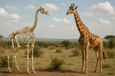 Giraffe Skeleton Standing Beside A Living Giraffe