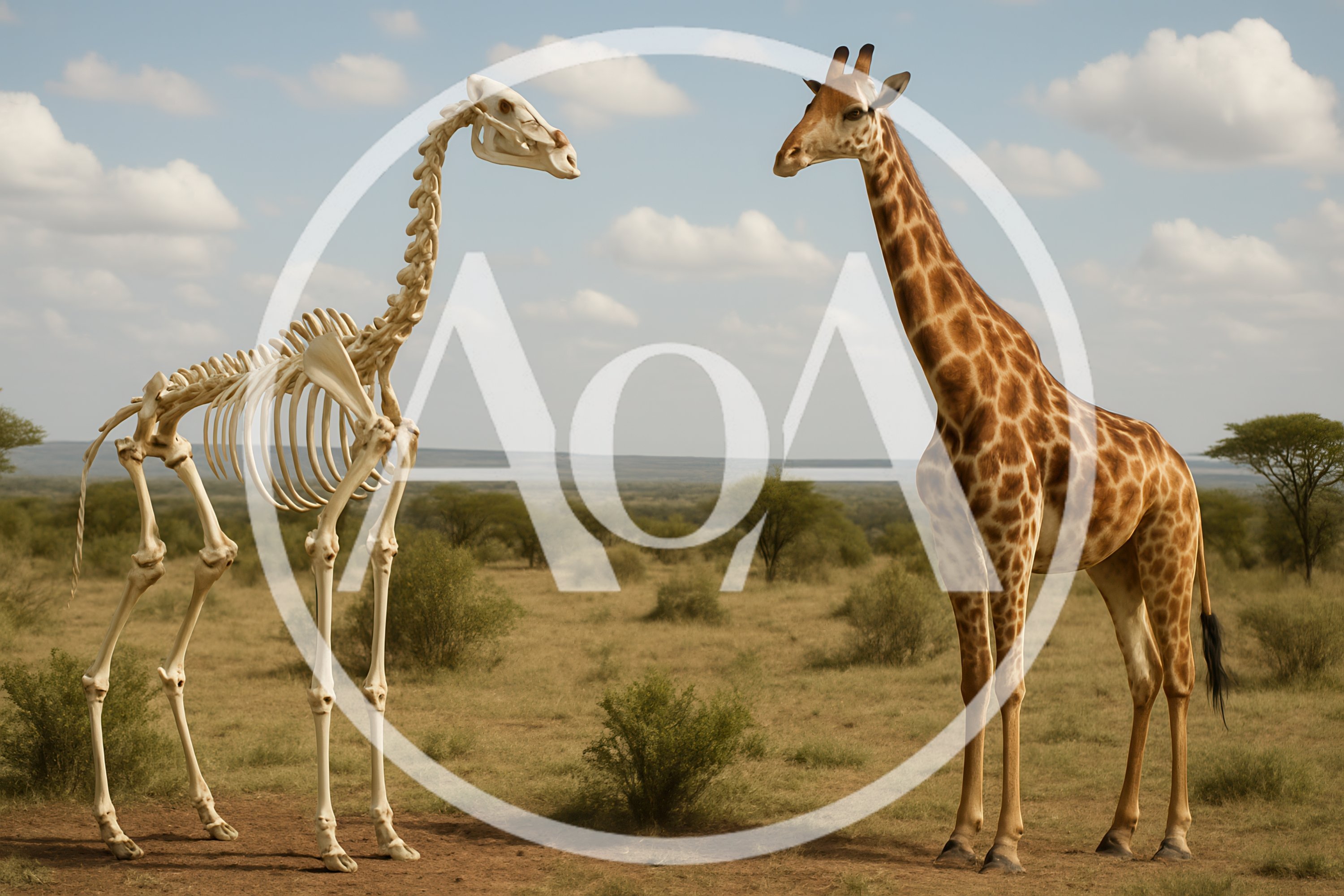 Giraffe Skeleton Standing Beside A Living Giraffe