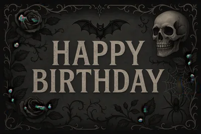 Gothic Happy Birthday Greeting Card With Skull And Bat